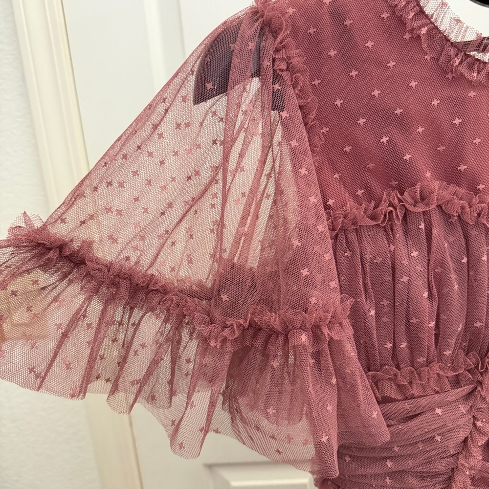 Ivy city co Elegant Mauve Tiered Midi Dress with Sheer Sleeves - Picture 3 of 13